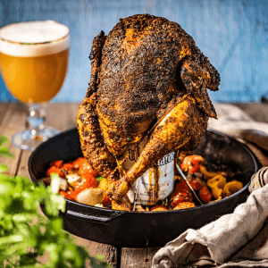 Chicken holder with beer can holder