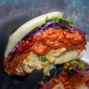 Gua bao buns with rendang, red cabbage and coriander kimchi mayonnaise