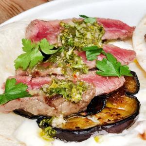 Skirt steak tortillas with aubergine and herb oil