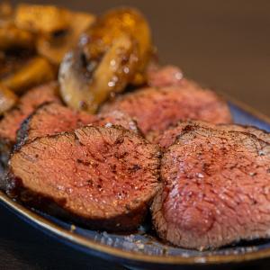 Petite tender with fried unions and mushrooms