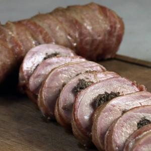 Stuffed pork tenderloin with mushrooms, truffle tapenade and Parmesan cheese