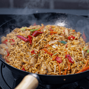 Noodles with chicken and vegetables from the wok