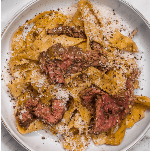 Pappardelle with bavette and carrot in mustard sauce