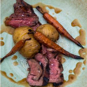 Black Angus Ribeye with Hasselback Potatoes and Red Port Jus