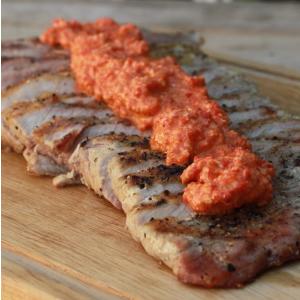 Secreto Iberico with Romesco sauce from the BBQ.