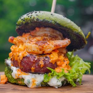 Surf and turf Wagyu burgers with prawns