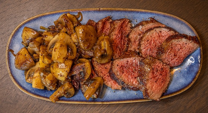 Petite tender with fried unions and mushrooms
