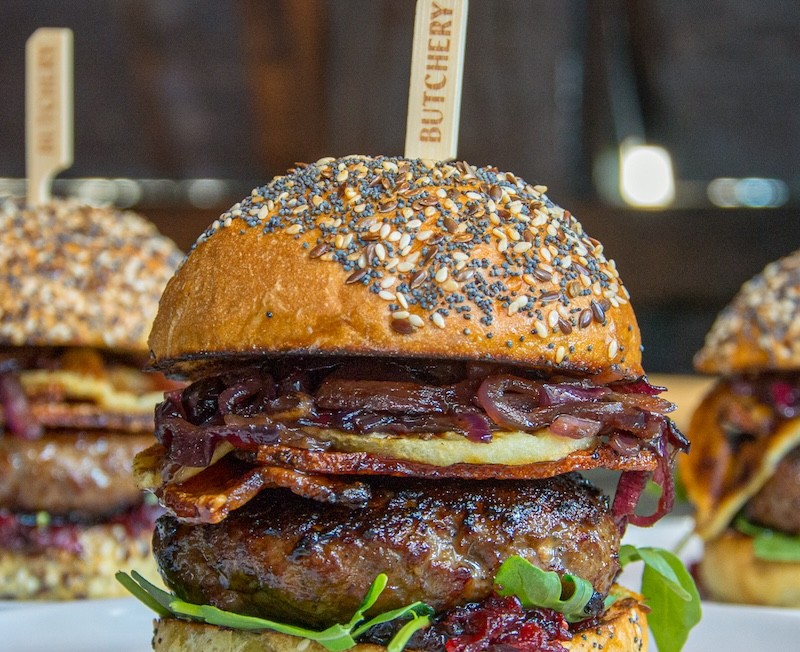 Gorgonzola burgers with cranberry compote, pancetta, and grilled apple