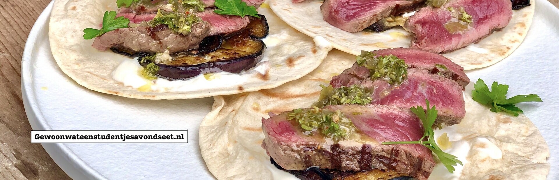 Skirt steak tortillas with aubergine and herb oil
